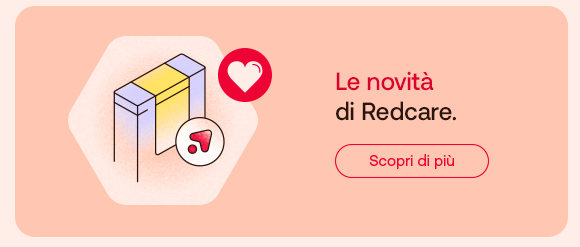 Illustrazione stilizzata di due confezioni affiancate con un’icona cuore e il logo Redcare. A destra il testo: “Le novità di Redcare”. Sotto, pulsante rosso: “Scopri di più”.