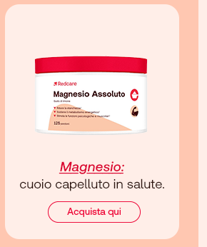 Vasetto di Magnesio Assoluto Redcare (125 porzioni). Testo: “Magnesio: cuoio capelluto in salute”, con “Magnesio” evidenziato in rosso corsivo. Pulsante rosso: “Acquista qui”.
