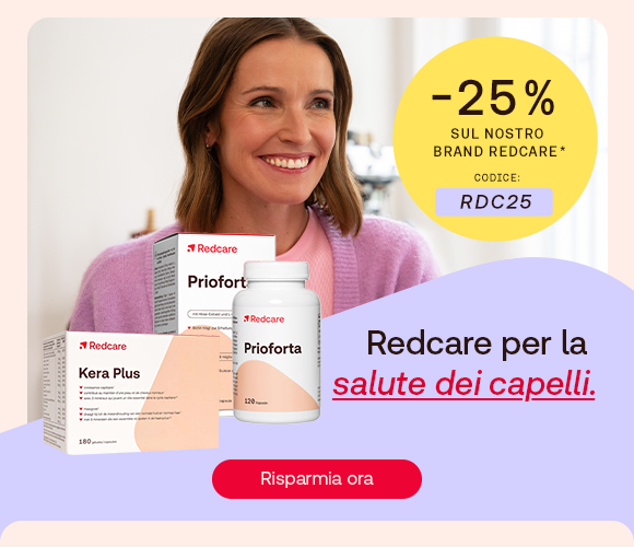 Una donna sorride mentre guarda verso sinistra. Accanto a lei, tre prodotti Redcare per capelli: Prioforta e Kera Plus. A destra, un bollino giallo con la scritta “-25% sul nostro brand Redcare – codice: RDC25”. In basso, su sfondo lilla, il testo: “Redcare per la salute dei capelli”, con “salute dei capelli” evidenziato in rosso e sottolineato. Pulsante rosso in basso: “Risparmia ora”.