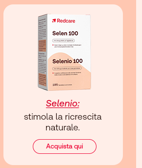 Confezione di Selen 100 Redcare da 105 capsule. Testo in basso: “Selenio: stimola la ricrescita naturale”, con “Selenio” in rosso corsivo. Pulsante rosso: “Acquista qui”.