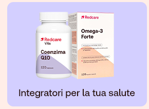 Due integratori Redcare: Coenzima Q10 e Omega-3 Forte. Sfondo lilla e scritta sotto: “Integratori per la tua salute”.