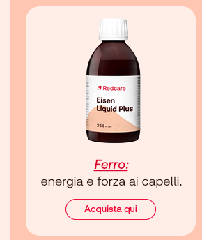 Flacone di Eisen Liquid Plus Redcare da 250 ml. In basso il testo: “Ferro: energia e forza ai capelli”, con “Ferro” evidenziato in rosso corsivo. Pulsante rosso: “Acquista qui”.