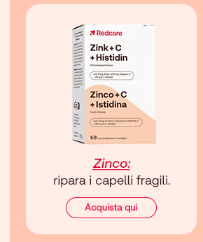Confezione di Zinco + C + Istidina Redcare (60 compresse). Testo sotto: “Zinco: ripara i capelli fragili”, con “Zinco” in rosso corsivo. Pulsante rosso: “Acquista qui”.
