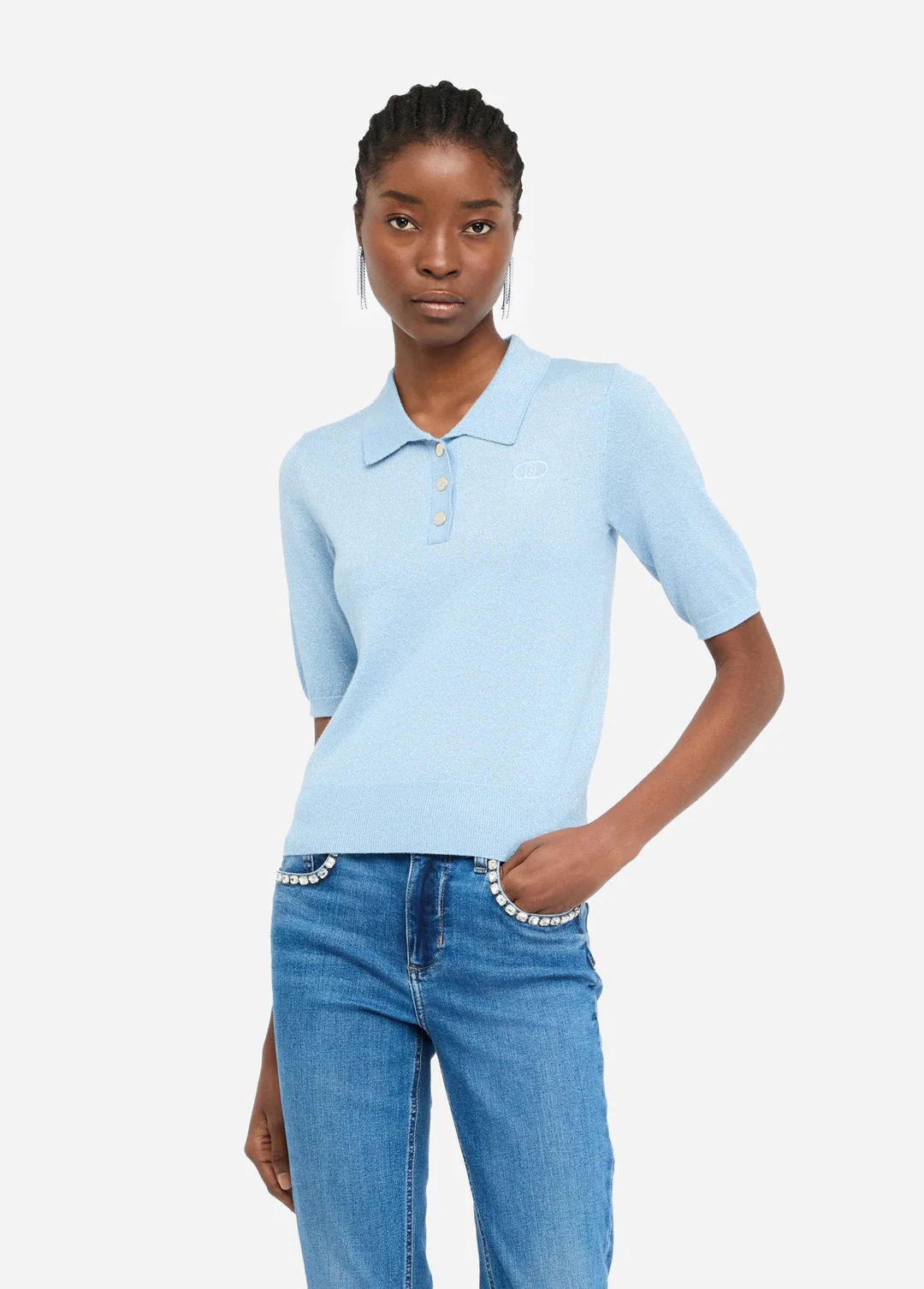 Maglia Polo in Misto Viscosa e Lurex / Celeste