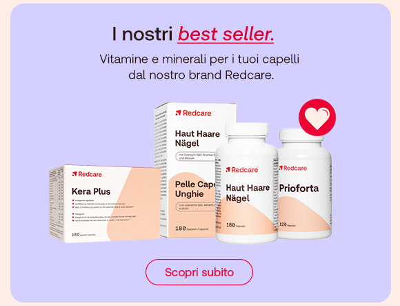 Quattro prodotti Redcare per capelli e unghie: capsule Haut Haare Nägel (scatola e flacone), Prioforta e Kera Plus. A sinistra, su sfondo lilla: “I nostri best seller”, con “best seller” in rosso corsivo e sottolineato. Testo descrittivo: “Vitamine e minerali per i tuoi capelli dal nostro brand Redcare.” In basso, pulsante rosso: “Scopri subito”.
