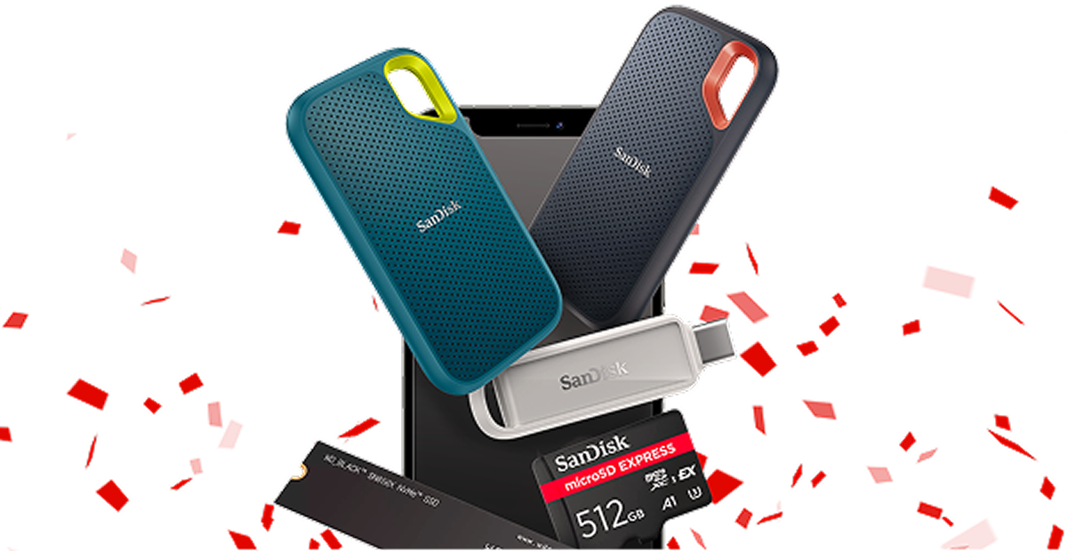 Diverse soluzioni di archiviazione digitale SanDisk e WD_BLACK, incluse unità esterne e schede di memoria, che appaiono da un telefono in mezzo a coriandoli rossi celebrativi.