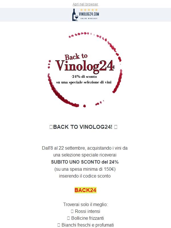 😍 BACK TO VINOLOG24😍 Riparti con le migliori offerte sui tuoi vini preferiti! SUBITO -24% di sconto! 🍇🍷