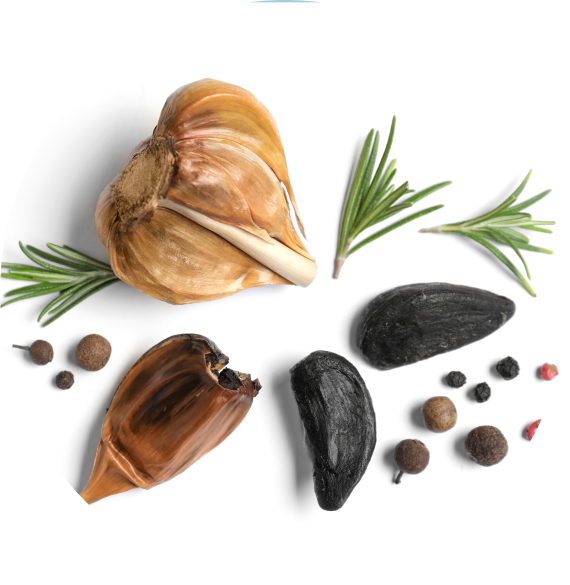 alt="Spicchi d'aglio neri con rosmarino e pepe in grani su sfondo bianco.»