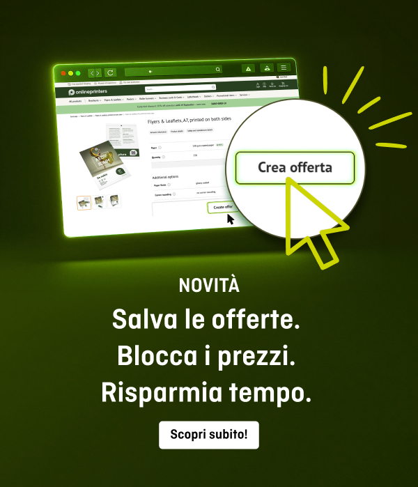 Screenshot di una pagina web con un cursore verde che punta a un pulsante denominato “Crea un'offerta”. Testo: “NOVITÀ: registra le offerte. Garantisci i prezzi. Risparmia tempo.”