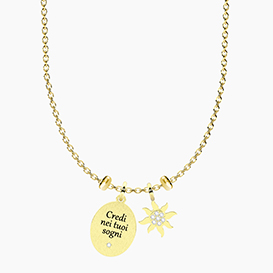 Collana lunga ALBA  con ciondoli CREDI NEI TUOI SOGNI e SOLE