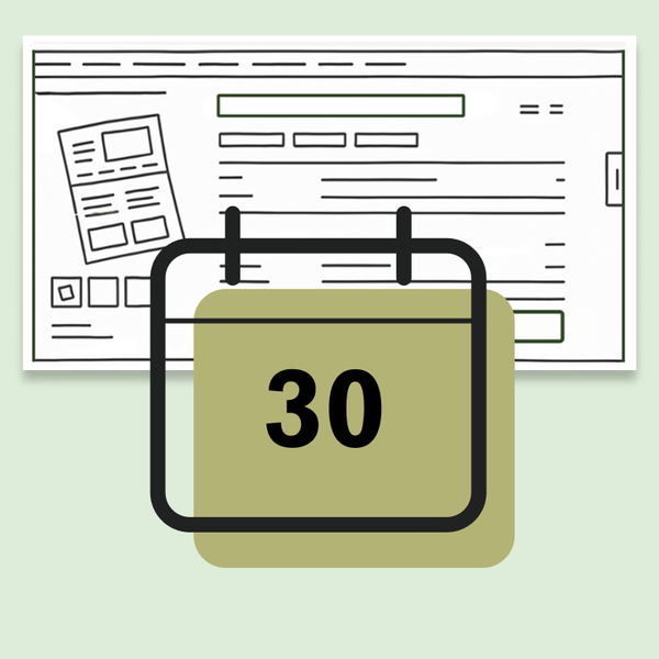 Un calendario con il numero «30» al centro, davanti a un modello schematico di una pagina web con campi di testo e caselle.