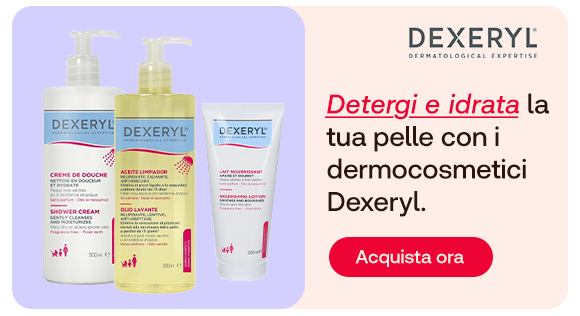 Tre prodotti dermocosmetici Dexeryl: crema doccia, olio detergente e latte idratante. A destra, il testo: “Detergi e idrata la tua pelle con i dermocosmetici Dexeryl”, con “Detergi e idrata” evidenziato in rosso e corsivo. In basso, pulsante rosso con la scritta: “Acquista ora”. In alto a destra compare il logo Dexeryl.