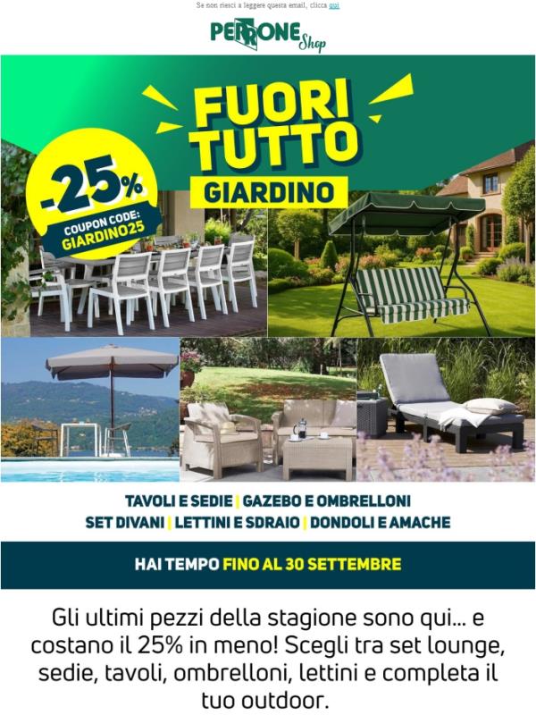 🪴 Fuori tutto giardino: 25% su arredo outdoor sulla  selezione!