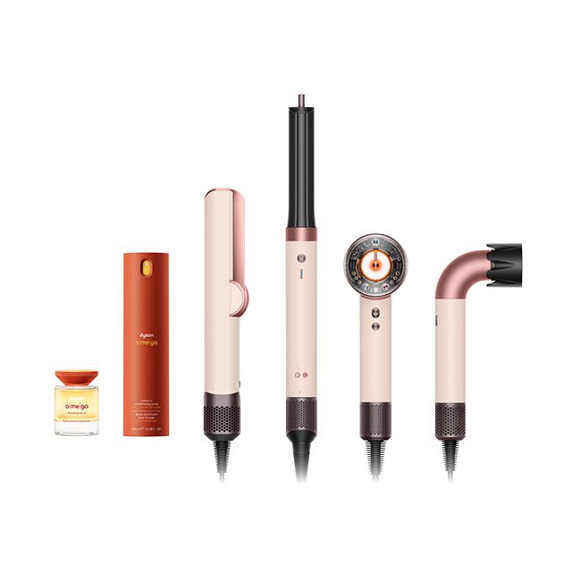 A line-up of Dyson Omega formulations and devices in ceramic pink colourway.