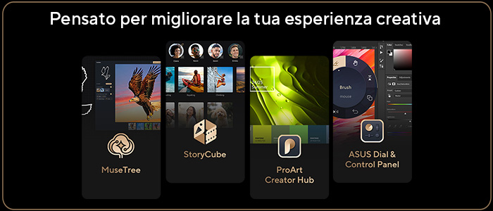 Grafica promozionale con quattro strumenti creativi ASUS: MuseTree, StoryCube, ProArt Creator Hub e ASUS Dial & Control Panel, ciascuno mostrato con icona e interfaccia dedicata.