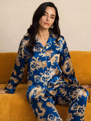 Image of Set Pyjama a Maniche Lunghe in Seta Pura Stampa di Drago