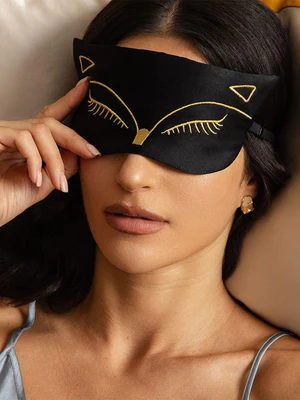 Image of Mascherina Da Notte In Seta Pura Con Ricamo Gatto