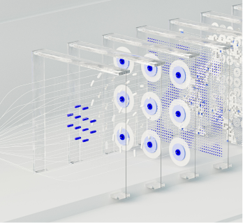 alt="Visualizzazione 3D astratta di dati scientifici con pannelli trasparenti, punti blu e disegni circolari simili a bersagli.»