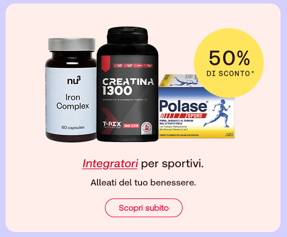 Tre integratori per lo sport: Iron Complex (nu3), Creatina 1300 (T-Rex) e Polase Sport. A destra un bollino giallo con “50% di sconto”. Testo: “Integratori per sportivi”, con “Integratori” in rosso corsivo. Sotto: “Alleati del tuo benessere”. Pulsante rosso: “Scopri subito”.