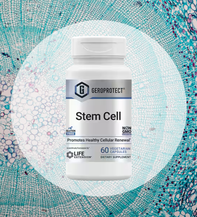 alt="Flacone di integratore alimentare Geroprotect Stem Cell di Life Extension, che promuove un sano rinnovamento cellulare, mostrato su una struttura cellulare microscopica.»