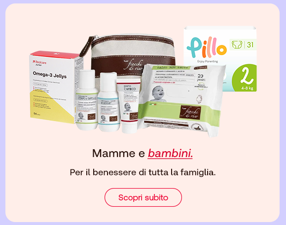 Set di prodotti per la cura di mamme e bambini: Omega-3 Jellys Redcare, prodotti detergenti, salviette, pochette e pannolini Pillo. Testo: “Mamme e bambini”, con “bambini” in rosso corsivo. Sotto: “Per il benessere di tutta la famiglia”. Pulsante rosso: “Scopri subito”.