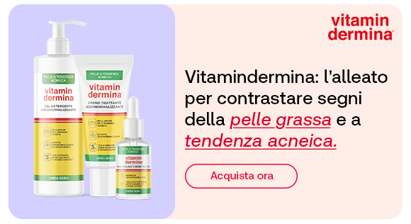 Tre prodotti della linea Vitamindermina pelle a tendenza acneica: gel detergente, crema trattante e siero viso. A destra, il testo: “Vitamindermina: l’alleato per contrastare segni della pelle grassa e a tendenza acneica”, con “pelle grassa” e “tendenza acneica” evidenziati in rosso e sottolineati. Pulsante rosso: “Acquista ora”. In alto a destra il logo Vitamindermina.