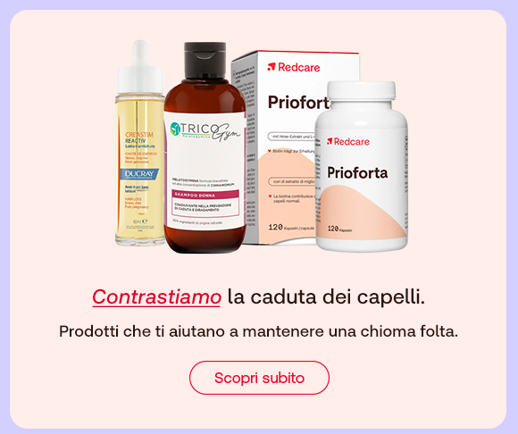 Quattro prodotti contro la caduta dei capelli: siero Ducray, shampoo Tricogem, capsule e scatola Prioforta Redcare. Sopra, testo: “Contrastiamo la caduta dei capelli”, con “Contrastiamo” evidenziato in rosso corsivo. Descrizione: “Prodotti che ti aiutano a mantenere una chioma folta.” In basso, pulsante rosso: “Scopri subito”.