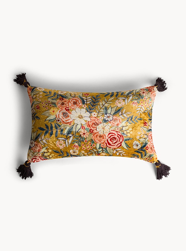 Cuscino in misto cotone con stampa floreale e nappe