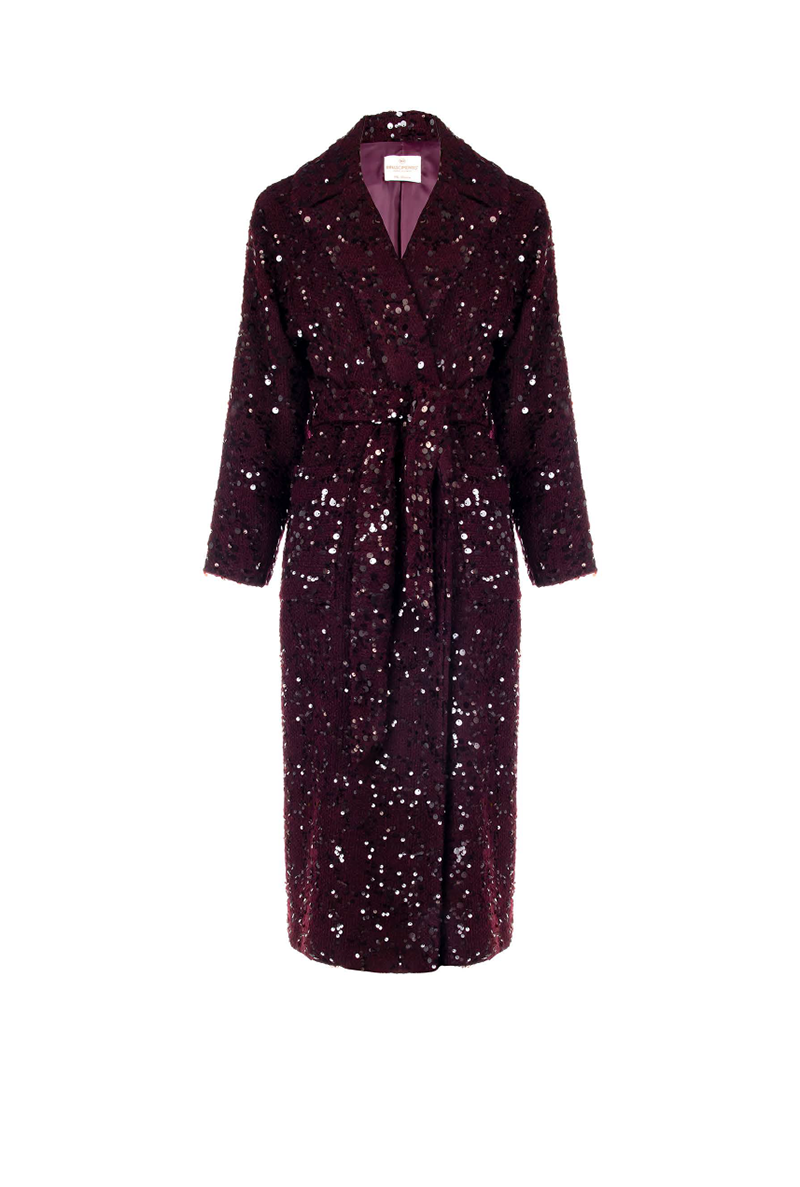 Maxi Cappotto Bordeaux in Panno Bouclé e Paillettes