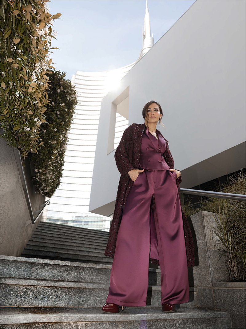 Maxi Cappotto Bordeaux in Panno Bouclé e Paillettes