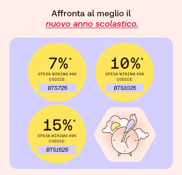 Illustrazione promozionale Redcare per il back to school. Tre cerchi gialli mostrano sconti progressivi: 7% con spesa minima di 49€ (codice BTS725), 10% con spesa minima di 69€ (codice BTS1025) e 15% con spesa minima di 99€ (codice BTS1525). A destra un’icona con sveglia rosa stilizzata. Testo: “Affronta al meglio il nuovo anno scolastico. Solo oggi e domani. Approfittane ora”.