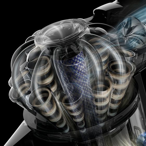 Vista in sezione che mostra il flusso d’aria attraverso i cicloni dell’aspirapolvere Dyson Cyclone V8.
