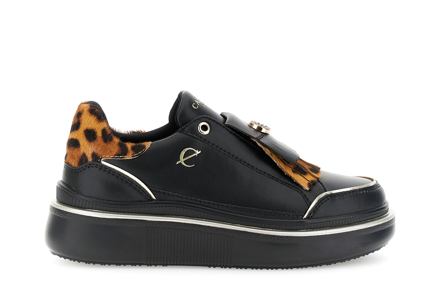 Image of slip-on in pelle con dettagli in effetto cavallino nero/maculato