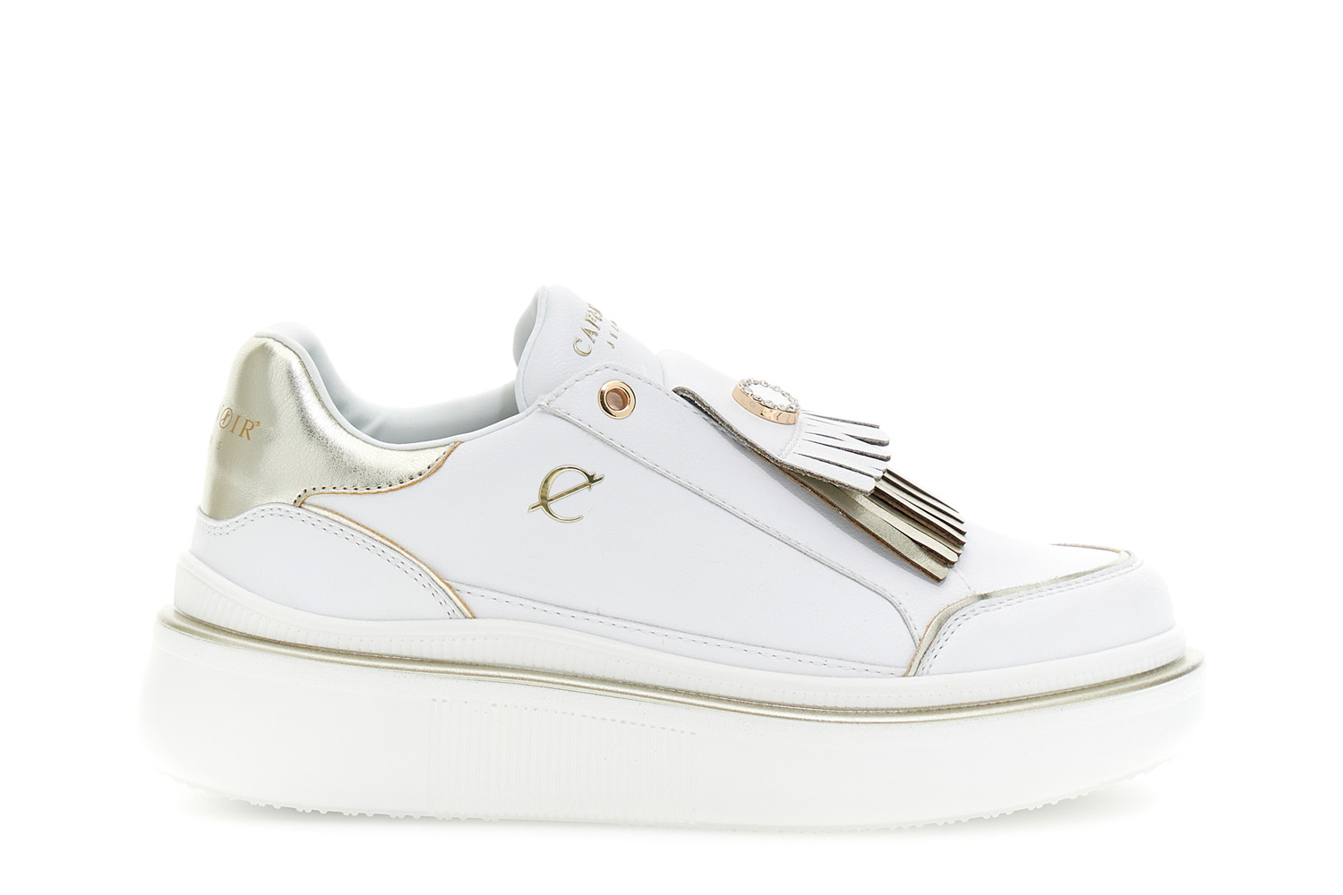 Image of slip-on in pelle rivestita con dettaglio frange bianco/oro