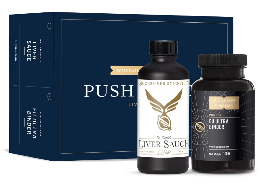 alt="Una confezione di PushCatch Liver Detox di Quicksilver Scientific con la salsa al fegato del Dr. Shade e l'EU Ultra Binder davanti.»