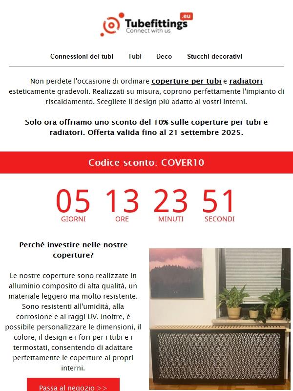 Approfittate del 10% di sconto sulle coperture per tubi e radiatori 🏷️