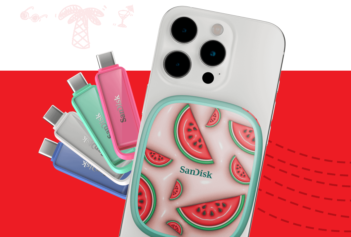 Unità telefoniche SanDisk® in 4 colori con USB-C® e SSD SANDISK® Phone dal design a forma di anguria su iPhone