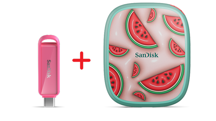 Unità telefonica SanDisk® rosa con USB-C® con design a forma di anguria SANDISK® Phone SSD