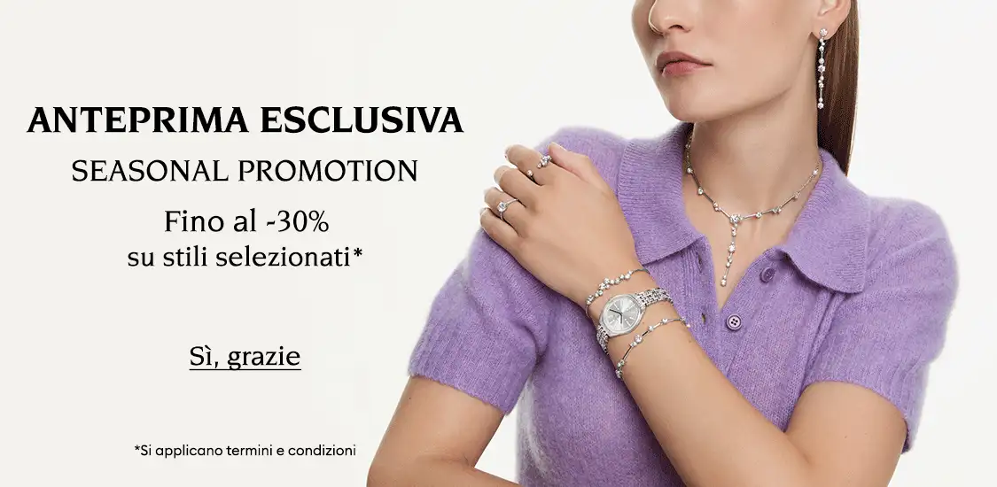 Modella con gioielli Swarovski. Il testo recita: “ANTEPRIMA ESCLUSIVA. SEASONAL PROMOTION Fino al -30% su stili selezionati*”. Il pulsante cliccabile recita “Sì, grazie”. Il testo dell’ultima immagine recita “Si applicano termini e condizioni”