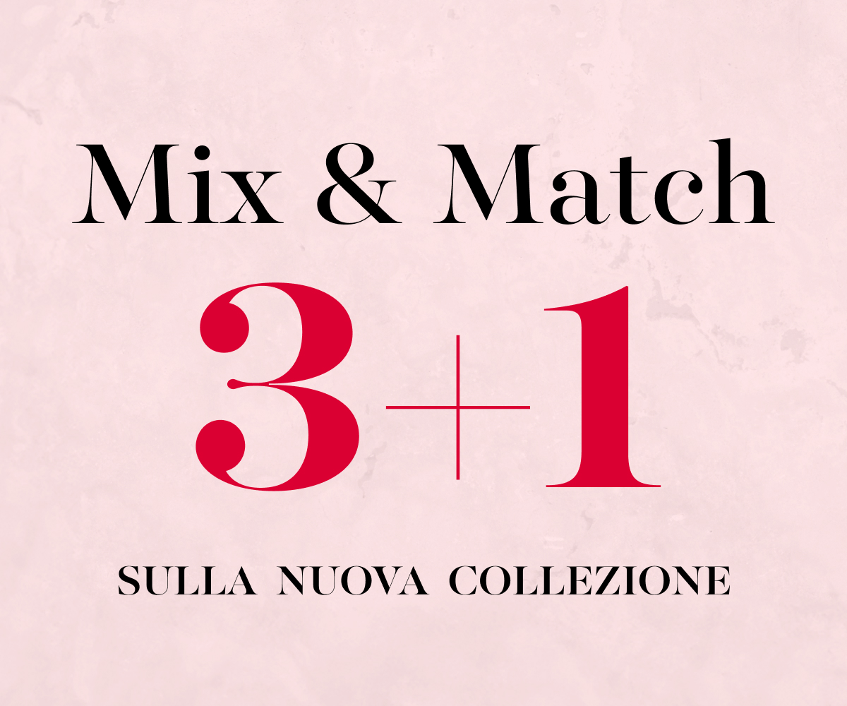 Grafica rosa marmorea con scritta Mix and Match 3+1 sulla nuova collezione