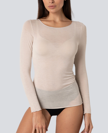 maglia con scollo a barchetta e manica lunga in modal e cashmere sabbia