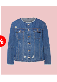 Giacca di jeans dalla vestibilità normale con effetto sdrucito, applicazioni, scollo rotondo e maniche lunghe