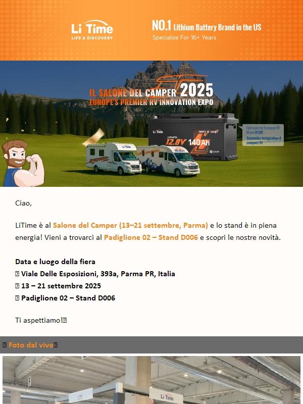 LiTime è ancora al Salone del Camper — Vieni a trovarci al Padiglione 02, Stand D006! 🚐🔋