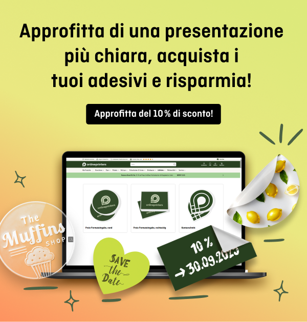 Testo: «Incolla e risparmia, con una visione ancora più chiara! Ottieni subito uno sconto del 10%». Elementi grafici: uno schermo con tre icone di file, un cupcake, un cuore con la scritta «SAVE THE DATE», una foglia verde e dei limoni.