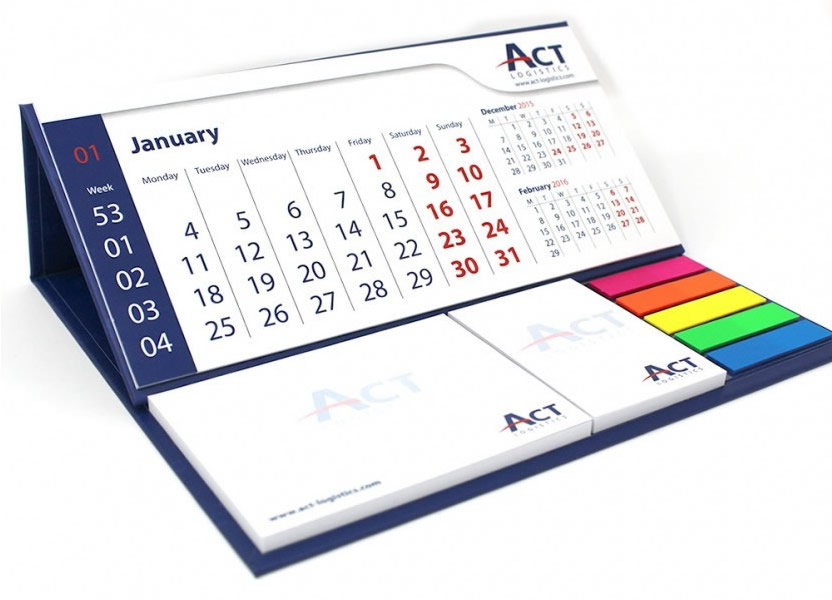  Calendario da tavolo 21 x 18 cm personalizzato su base rigida con post-it e segnapagina