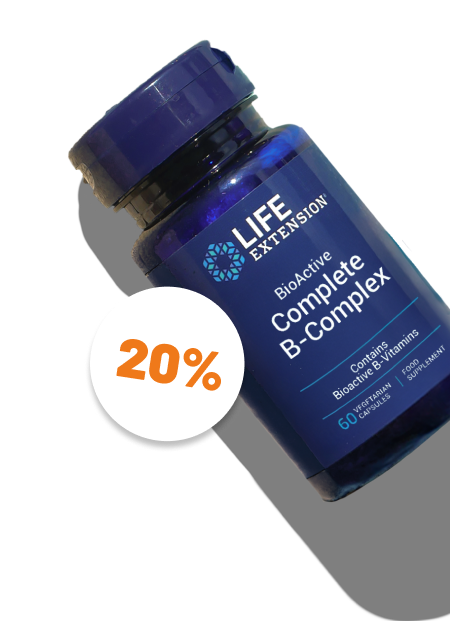 alt=“Photo of a blue Life Extension BioActive Complete B-Complex supplement bottle tilted to the side. A white circle with orange text shows ‘20%’ to highlight a discount.”