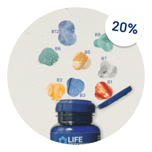 alt="Immagine animata di un flacone di integratore Life Extension blu con forme colorate che rappresentano le vitamine del gruppo B che galleggiano sopra di esso. Un cerchio bianco nell'angolo in alto a destra mostra il testo '20%' per indicare uno sconto.»