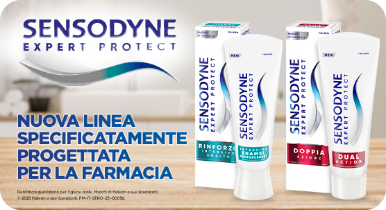 Tre dentifrici Sensodyne Expert Protect in primo piano: Rinforza Smalto, Doppia Azione e Dual Action. In alto a sinistra, il logo Sensodyne con grafica ondulata. A sinistra, il testo: “Nuova linea specificatamente progettata per la farmacia”, in maiuscolo blu.