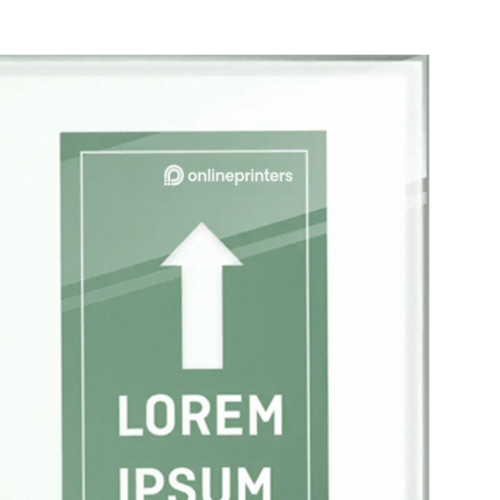 Un segnale verde con una freccia bianca rivolta verso l'alto e la scritta «LOREM IPSUM» in grandi lettere bianche. Nella parte superiore è riportato il logo di onlineprinters.