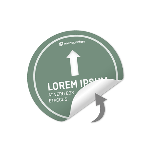 Adesivo rotondo verde con una freccia bianca rivolta verso l'alto. Testo: “LOREM IPSUM AT VERO EOS ETACCUS”. Logo “onlineprinters” nella parte superiore.
